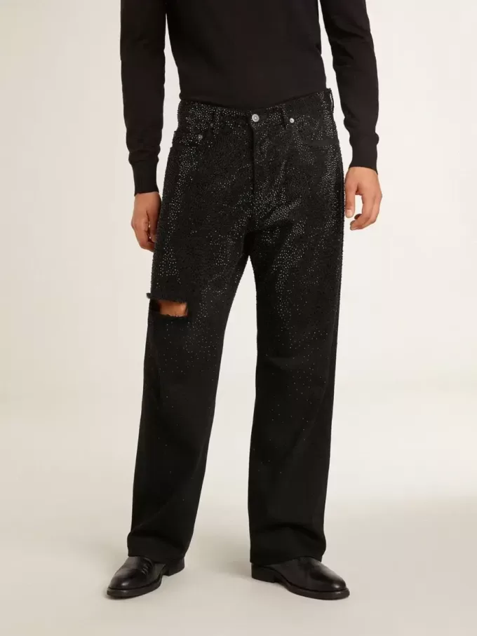 Schwarze Herrenjeans mit lockerer Passform und Kristallen mit Farbverlaufseffekt