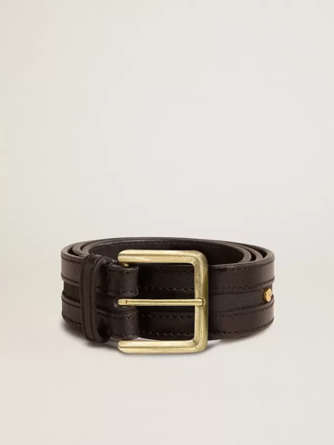 Schwarzer Damen-Gürtel aus gewaschenem Leder mit goldenen Nieten