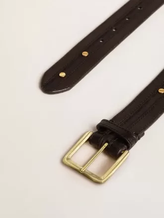 Schwarzer Damen-Gürtel aus gewaschenem Leder mit goldenen Nieten
