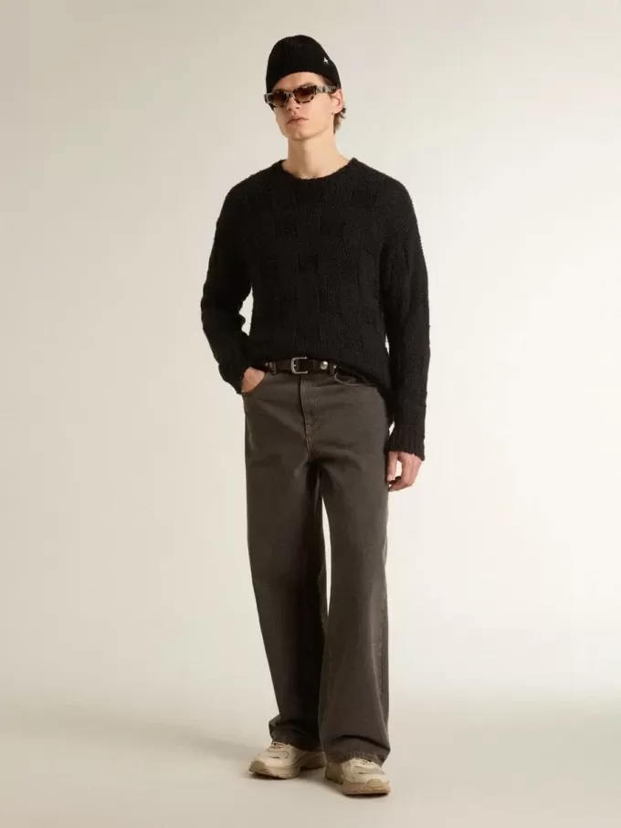 Schwarzer Herrenpullover aus Wolle mit Used-Look