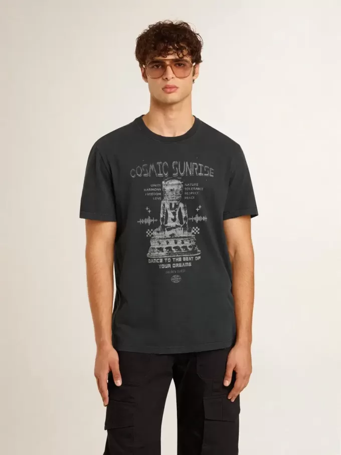 Schwarzes Baumwoll-T-Shirt für Herren mit Aufdruck auf der Vorderseite
