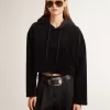 Schwarzes Chenille-Sweatshirt für Damen mit Stickerei auf dem Rücken
