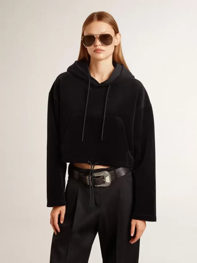 Schwarzes Chenille-Sweatshirt für Damen mit Stickerei auf dem Rücken