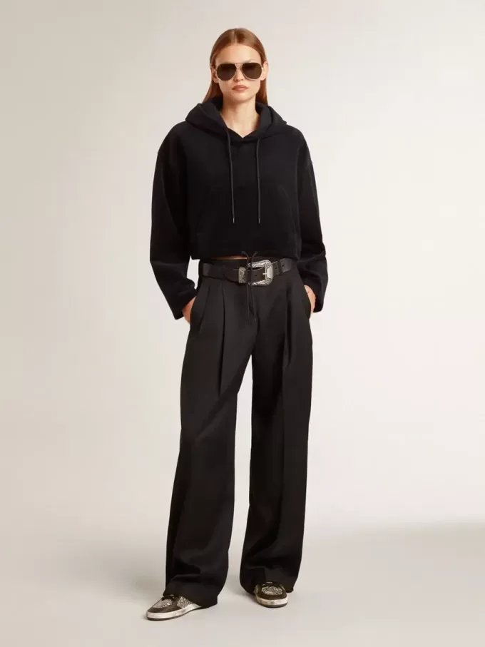 Schwarzes Chenille-Sweatshirt für Damen mit Stickerei auf dem Rücken