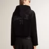 Schwarzes Chenille-Sweatshirt für Damen mit Stickerei auf dem Rücken