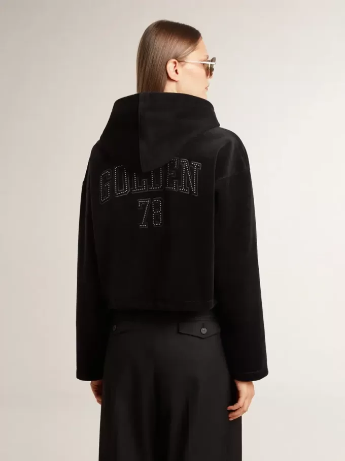 Schwarzes Chenille-Sweatshirt für Damen mit Stickerei auf dem Rücken