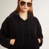Schwarzes Chenille-Sweatshirt für Damen mit Stickerei auf dem Rücken