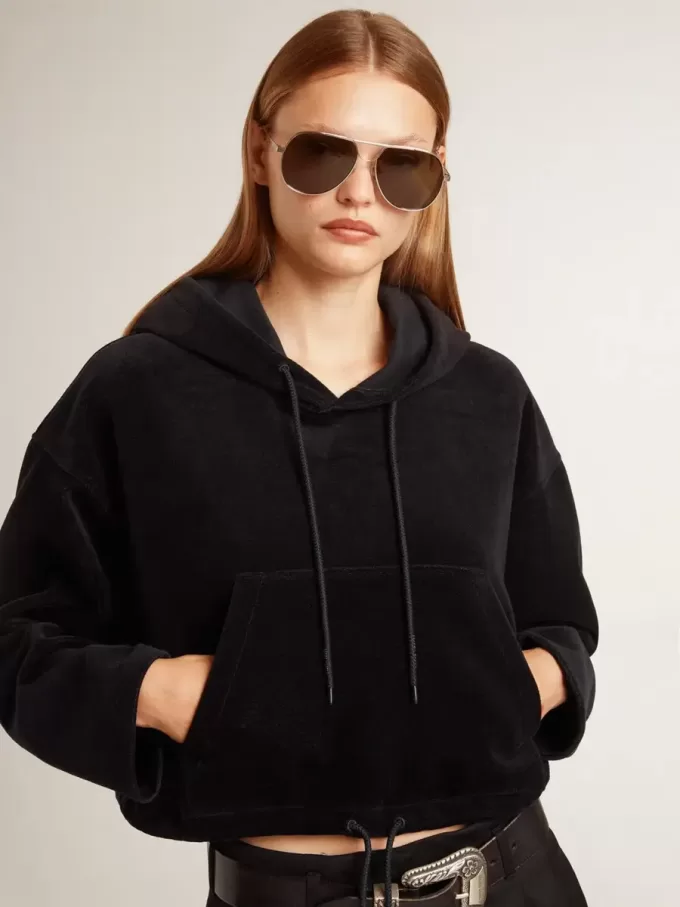 Schwarzes Chenille-Sweatshirt für Damen mit Stickerei auf dem Rücken