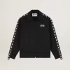 Schwarzes Damen-Sweatshirt mit Reißverschluss und weißen Sternen Schwarzes Damen-Sweatshirt mit Reißverschluss und weißen Sternen