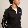 Schwarzes Damen-Sweatshirt mit Reißverschluss und weißen Sternen Schwarzes Damen-Sweatshirt mit Reißverschluss und weißen Sternen