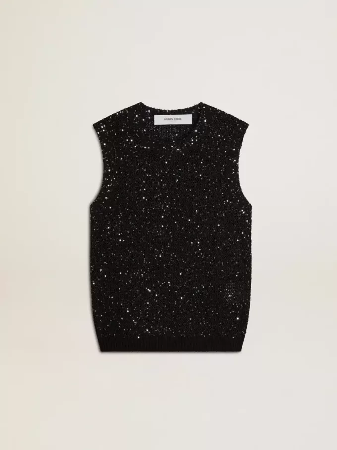 Schwarzes Mesh-Strickoberteil mit Pailletten und kontrastierenden Details