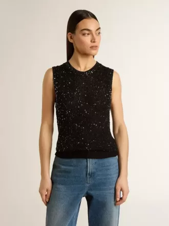 Schwarzes Mesh-Strickoberteil mit Pailletten und kontrastierenden Details