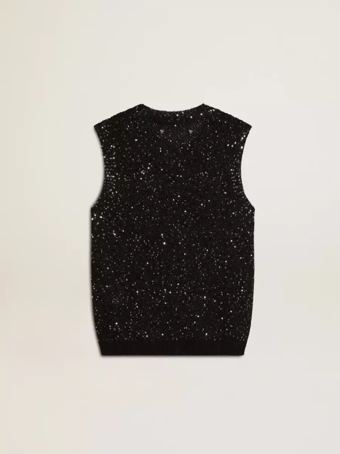 Schwarzes Mesh-Strickoberteil mit Pailletten und kontrastierenden Details