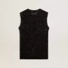 Schwarzes Mesh-Strickoberteil mit Pailletten und kontrastierenden Details