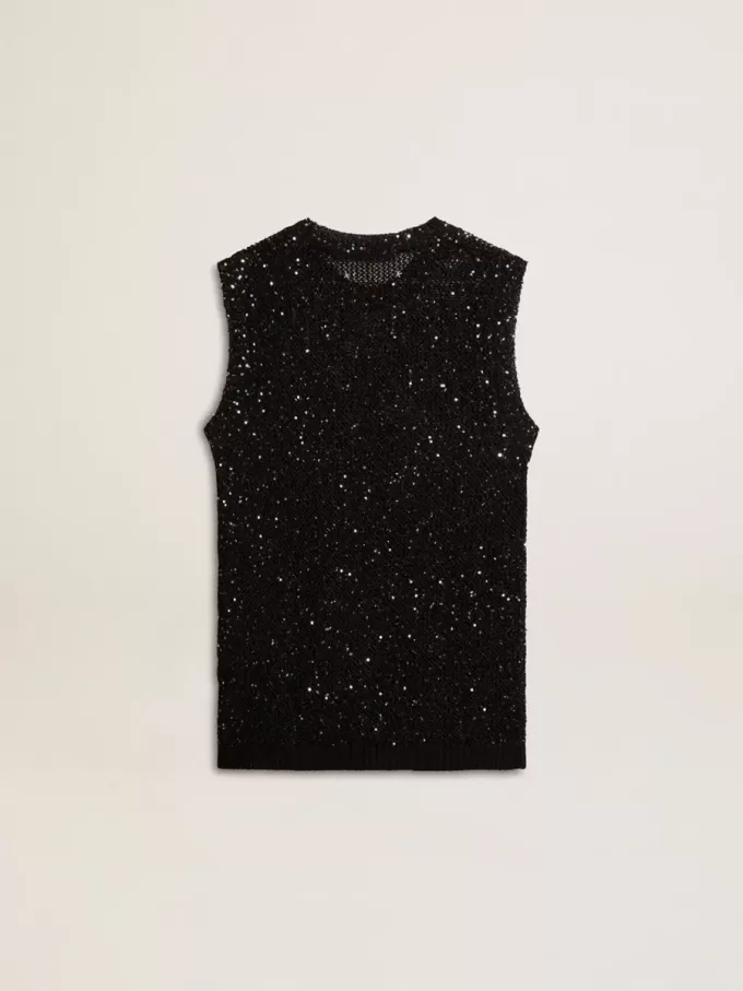 Schwarzes Mesh-Strickoberteil mit Pailletten und kontrastierenden Details