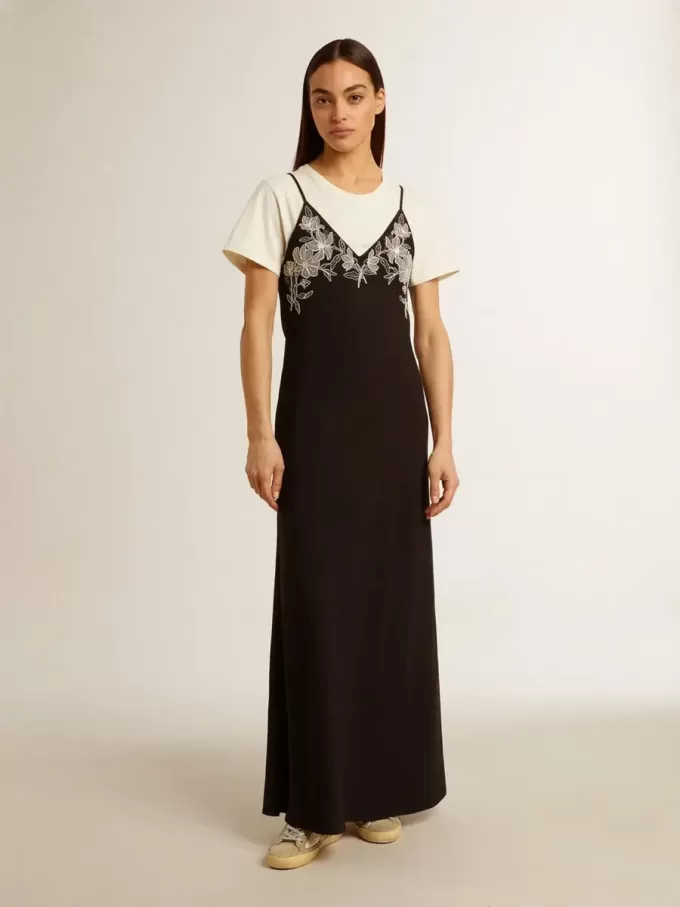 Schwarzes Slipdress für Damen mit Stickerei