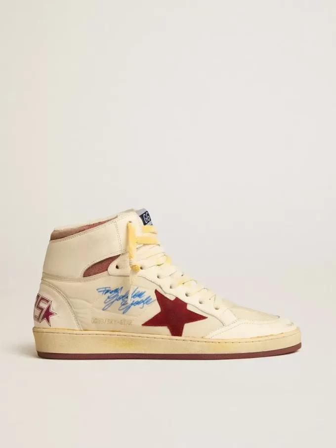Sky-Star aus beigem Nylon und Nappa mit granatrotem Wildlederstern