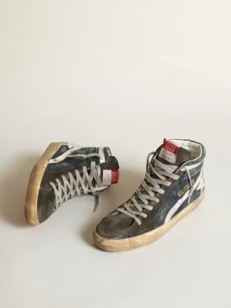 Slide aus mitternachtsblauem Denim mit weißem Lederstern