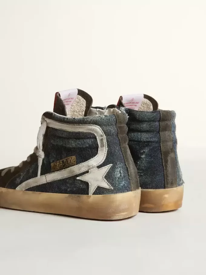 Slide aus mitternachtsblauem Denim mit weißem Lederstern Slide aus mitternachtsblauem Denim mit weißem Lederstern