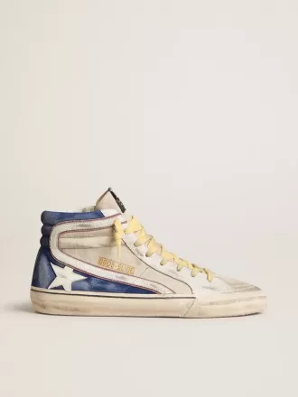 Slide aus perlfarbenem Canvas und blauem Wildleder mit weißem Lederstern und Blitz