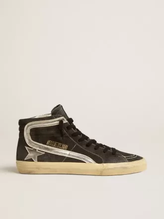 Slide aus schwarzem Wildleder mit silbernem Metallic-Lederstern und Blitz