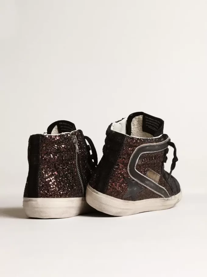 Slide in Braun mit Glitzer, schwarzem Lederstern und Blitz Slide in Braun mit Glitzer, schwarzem Lederstern und Blitz