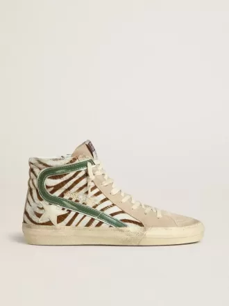 Slide-Sneaker für Damen aus Ponyfell mit Zebradruck und grünem Laminatleder-Detail