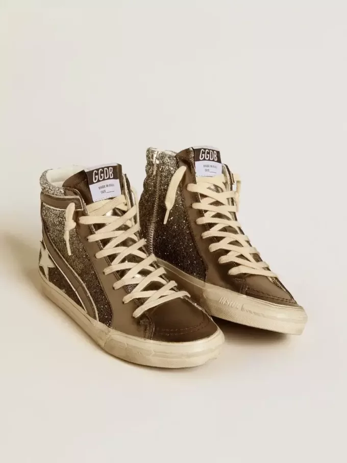 Slide-Sneaker für Damen in Schwarz und Silberglitter mit Lederstern und Metallic-Flash