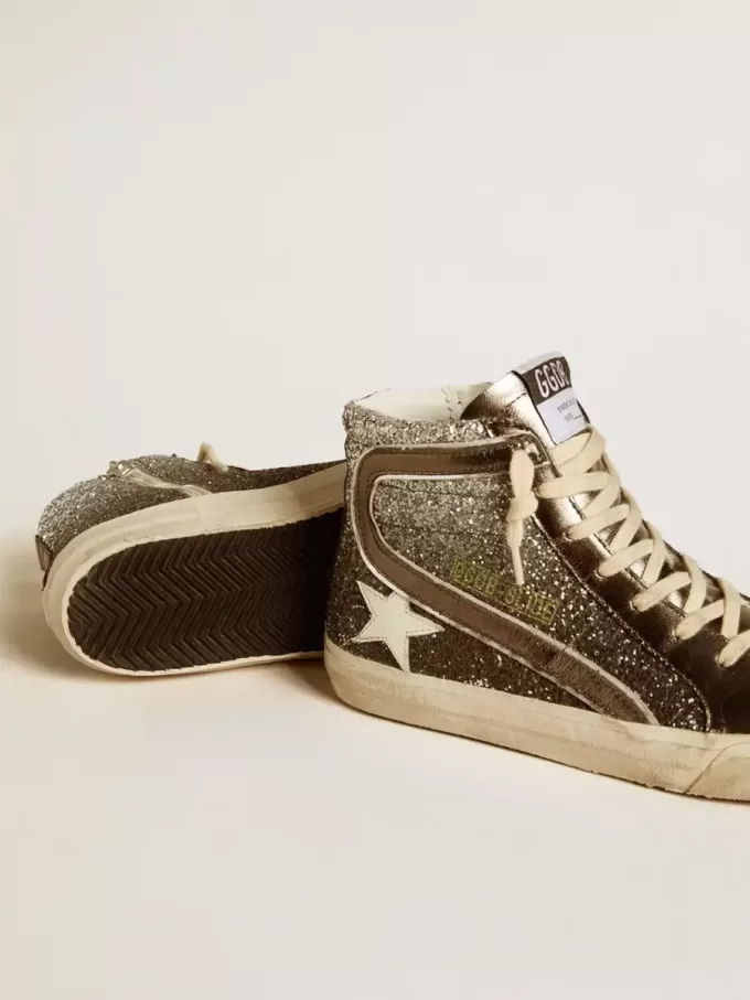 Slide-Sneaker für Damen in Schwarz und Silberglitter mit Lederstern und Metallic-Flash