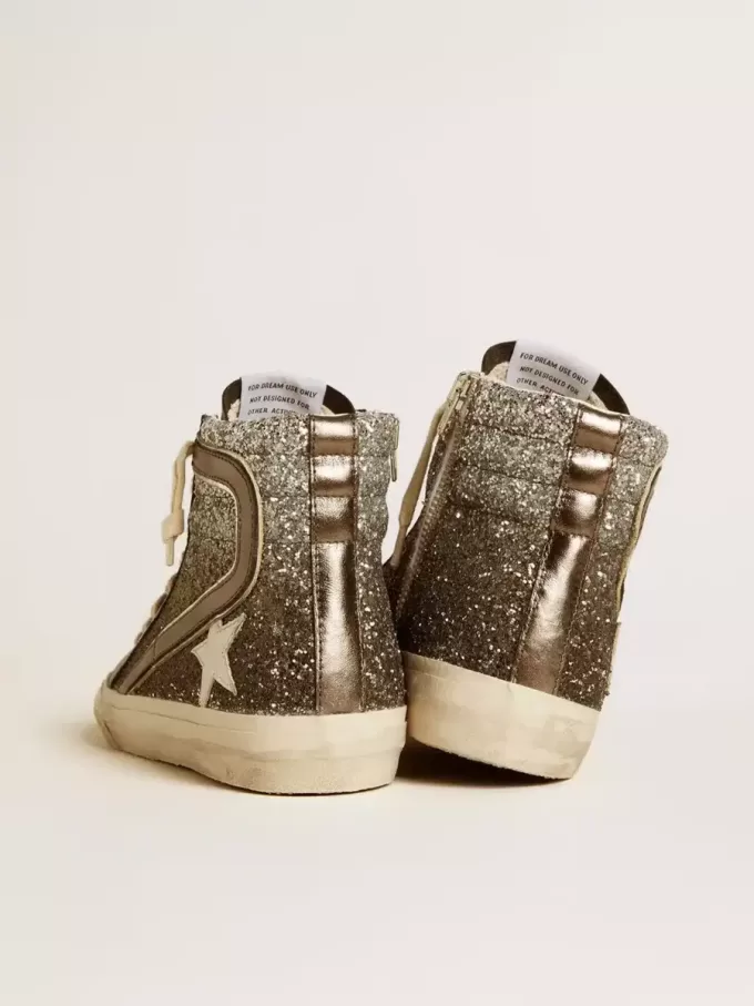 Slide-Sneaker für Damen in Schwarz und Silberglitter mit Lederstern und Metallic-Flash
