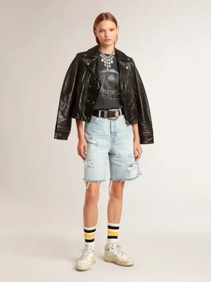 Schwarze Damen-Bikerjacke aus Leder mit Glanzeffekt