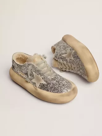 Space-Star-Schuhe für Damen in Silberglitzer mit Lammfellfutter