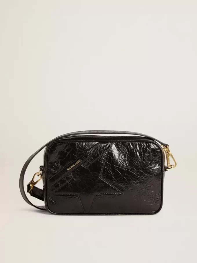 Star Bag aus glänzendem schwarzem Leder mit Ton-in-Ton-Stern