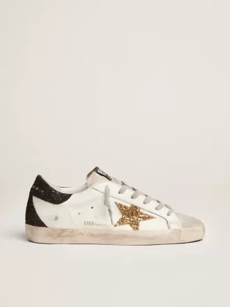 Super-Star für Damen aus Nappaleder mit goldenem Glitzerstern und schwarzer Glitzer-Fersenlasche Super-Star für Damen aus Nappaleder mit goldenem Glitzerstern und schwarzer Glitzer-Fersenlasche