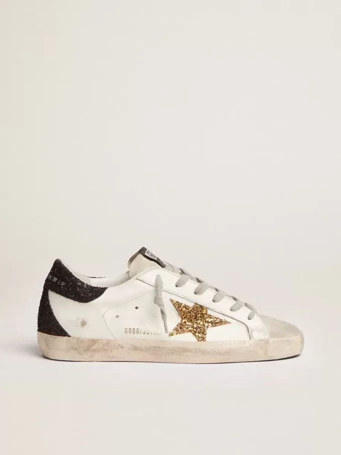 Super-Star für Damen aus Nappaleder mit goldenem Glitzerstern und schwarzer Glitzer-Fersenlasche