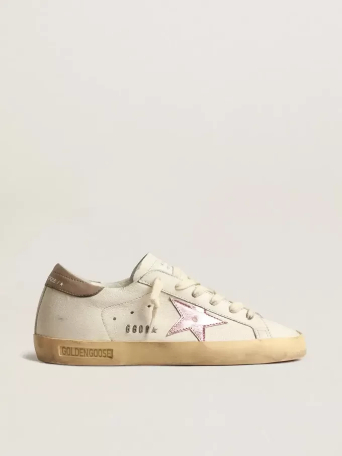 Super-Star für Damen aus weißem Nappaleder mit rosa Metallic-Lederstern Super-Star für Damen aus weißem Nappaleder mit rosa Metallic-Lederstern