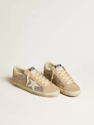 Super-Star für Damen in silbernem Glitzer mit Lederstern und Fersenlasche Super-Star für Damen in silbernem Glitzer mit Lederstern und Fersenlasche