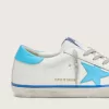 Super-Star LTD für Damen aus weißem Leder mit hellblauem Lederstern und Fersenlasche Super-Star LTD für Damen aus weißem Leder mit hellblauem Lederstern und Fersenlasche