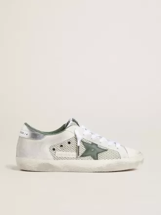 Super-Star LTD für Damen aus weißem Wildleder und Mesh mit grünem Lederstern und silberfarbenem Lederabsatz Super-Star LTD für Damen aus weißem Wildleder und Mesh mit grünem Lederstern und silberfarbenem Lederabsatz