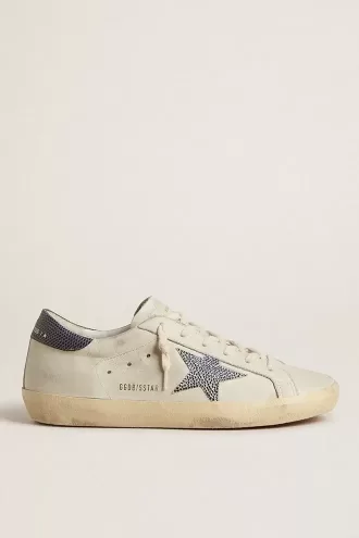 Super-Star LTD mit cremefarbenem Lederstern mit Swarovski-Kristallen und blauem Lederabsatz mit Eidechsenprint