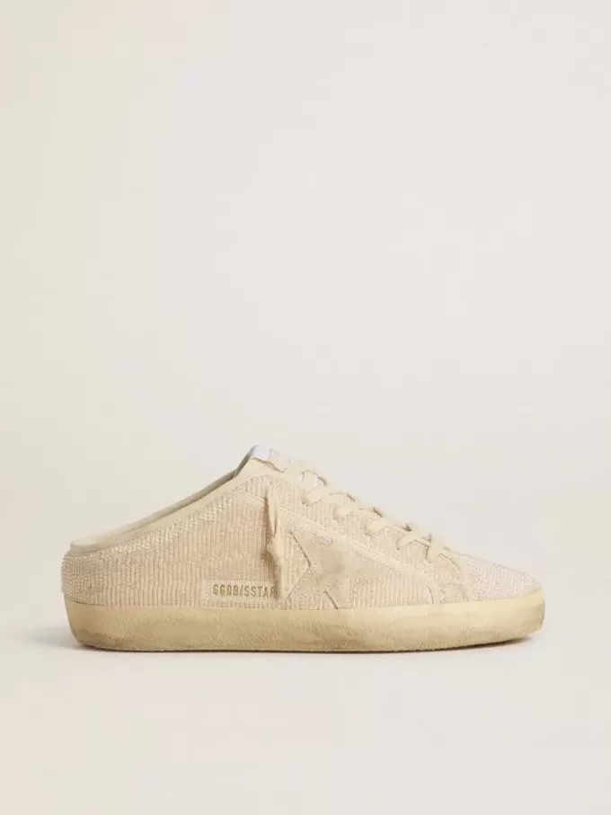 Super-Star Sabot für Damen aus beigem Canvas mit gestickten Perlen und beigem Wildlederstern