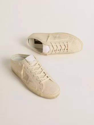 Super-Star Sabot für Damen aus beigem Canvas mit gestickten Perlen und beigem Wildlederstern
