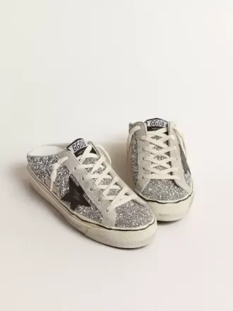 Super-Star Sabot für Damen in silbernem Glitzer mit schwarzem Lederstern