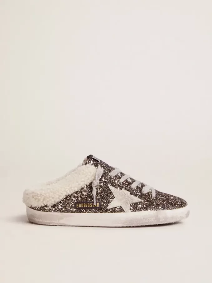 Super-Star Sabot für Damen mit Glitzer und Lammfellfutter