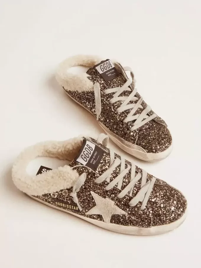 Super-Star Sabot für Damen mit Glitzer und Lammfellfutter