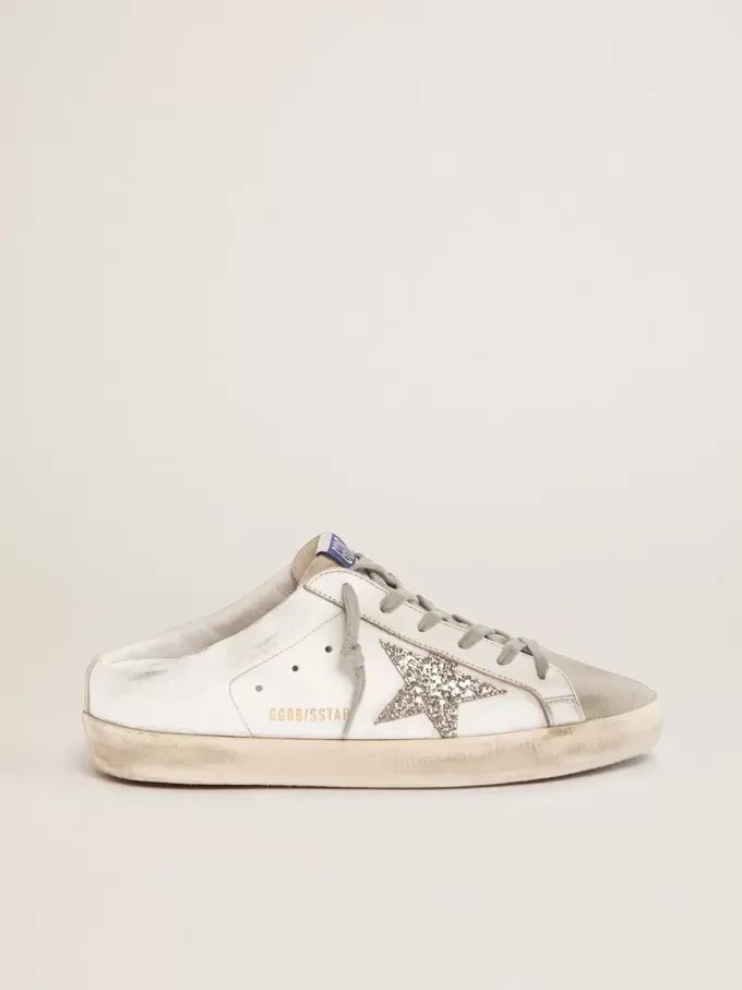 Super-Star Sabot mit platinfarbenem Glitzerstern und Zunge aus Wildleder