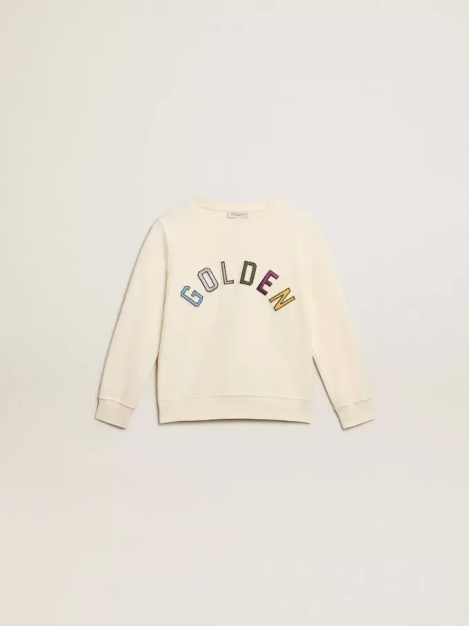 Sweatshirt in Altweiß mit mehrfarbigem Golden-Schriftzug auf der Vorderseite