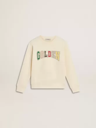 Sweatshirt in Altweiß mit mehrfarbigem Golden-Schriftzug auf der Vorderseite