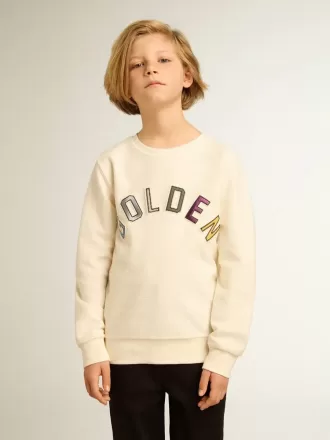 Sweatshirt in Altweiß mit mehrfarbigem Golden-Schriftzug auf der Vorderseite