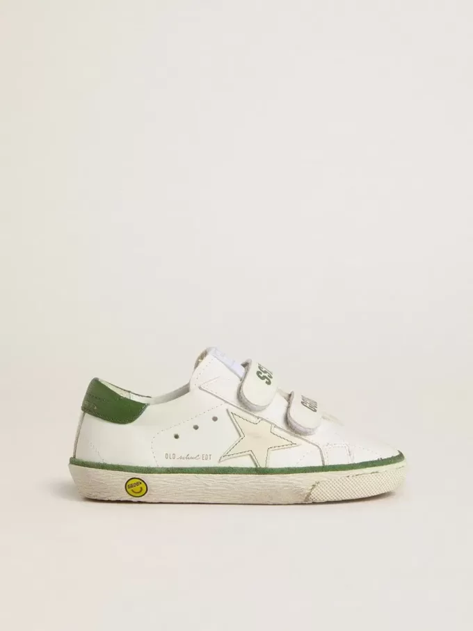 Teen Old School aus weißem Leder mit grüner Nappa-Fersenlasche und grünem Einsatz Teen Old School aus weißem Leder mit grüner Nappa-Fersenlasche und grünem Einsatz